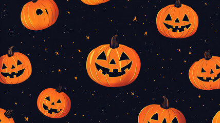 Wall Mural - Brightly lit Halloween pumpkins with smiling faces set against a night sky background