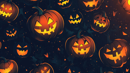 Wall Mural - Colorful Halloween pumpkins with glowing faces floating in a starry night sky