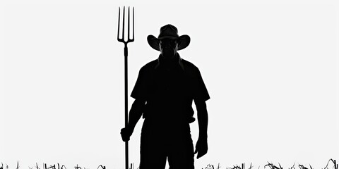 Silhouette of a farmer holding a pitchfork against a white background, symbolizing agriculture and rural life