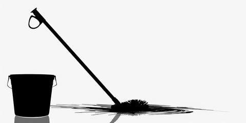 Simple dark silhouette of a mop leaning against a bucket isolated on a white background representing cleaning supplies