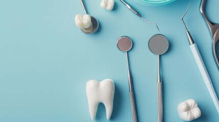 dental care and treatment, tooth with dentist instrument on blue background