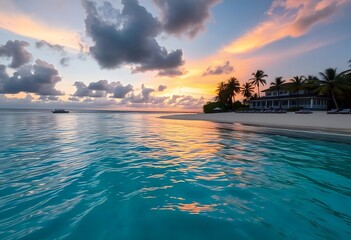 Sticker - Tropical beach at sunset, with palm trees silhouetted against a vibrant sky.