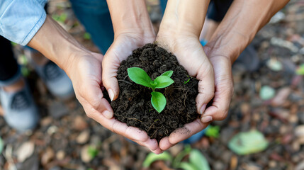 Wall Mural - Hands holding soil with a young plant symbolizing environmental care and sustainability