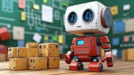 A cheerful robot standing beside boxes in a warehouse, showcasing a blend of technology and playfulness in a colorful environment.