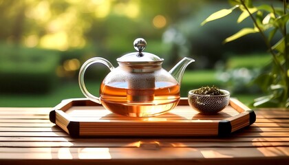 A glass teapot filled with herbal tea and a matching teacup. Tea ceremony. 1