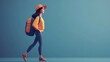 © Aris Suwanmalee - A stylish woman with a backpack walks confidently, showcasing a modern casual outfit against a vibrant background.