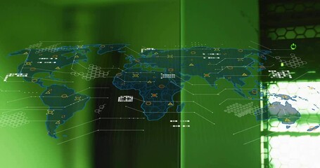 Wall Mural - Animation of world map and digital data processing over computer servers