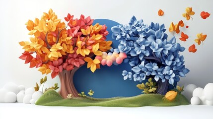 Whimsical scene of colorful trees with autumn leaves, creating a playful and vibrant landscape in a fantasy setting.