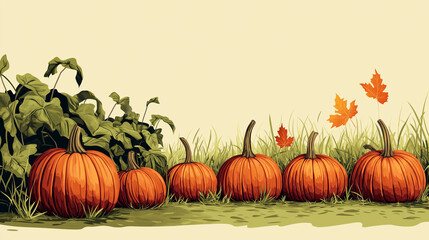 A row of vibrant orange pumpkins sits in lush grass, surrounded by green plants, while autumn leaves float gently in the air, celebrating the harvest season, copy space