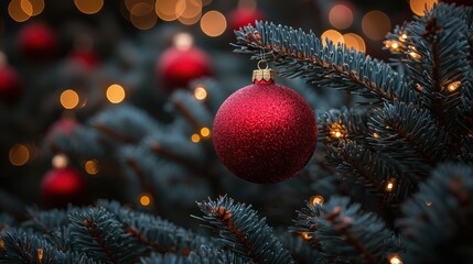 A close-up of a red ornament hanging on a Christmas tree with twinkling lights in the background during the holiday season