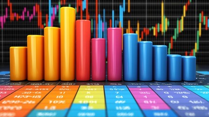 Colorful bar graph representing financial data trends on a digital background with grid lines.