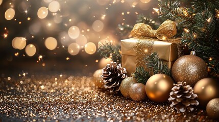 A beautifully decorated Christmas scene with golden ornaments, gift box, and pinecones under soft bokeh lights at festive season