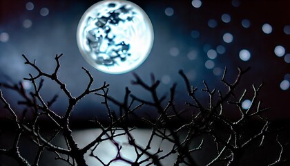 Wall Mural - A close-up of the full moon with dark, intricate branches silhouetted against it.
