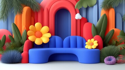 Vibrant and playful modern decor featuring a blue sofa surrounded by colorful abstract forms and tropical plants.