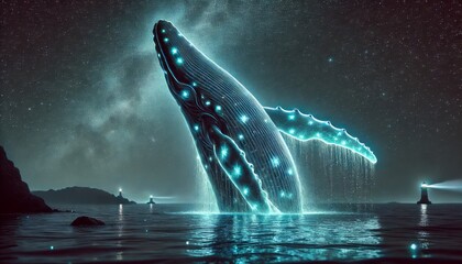 A giant glowing whale breaching from the ocean under a dark, starry sky.