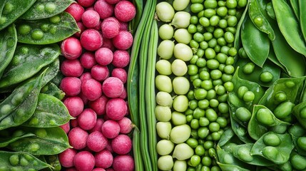 Variety of peas, such as snow peas and snap peas, arranged in a pattern