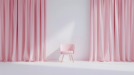 Wall Mural - Pink armchair in front of pink curtains against a white wall, with soft light.