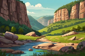 Wall Mural - nature valley rock rural landscape illustration beautiful view, suntourism outdoor, scenery scenic nature valley rock rural landscape Generative AI