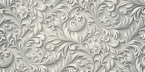 Wall Mural - 3D Embossed Floral Pattern White on Grey, Intricate Scrolls and Leaves, Elegant, Vintage, Decorative, wallpaper, pattern