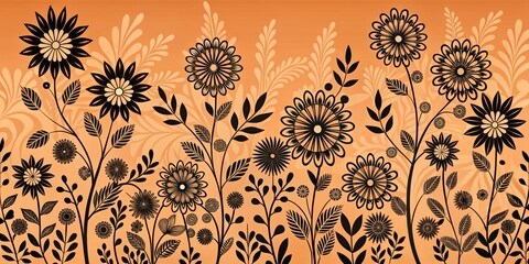 Black and Orange Floral Pattern, Floral Design, Orange Background, Floral, Pattern, Art