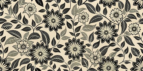 Wall Mural - Black and White Floral Pattern - Daisy and Leaf Motif , wallpaper , floral , vintage