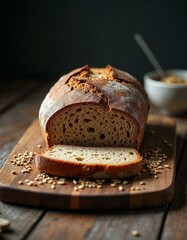 Homemade Rye Bread. Sliced Loaf on Wooden Board with Grains.