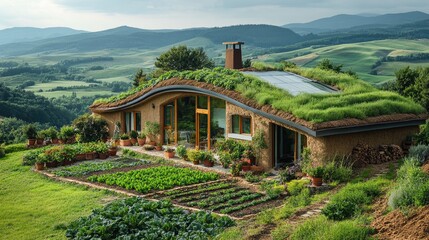 Modern earthen house with green roof blending with nature