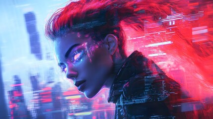 Sticker - Cyberpunk Woman with Glitch Effect and Cityscape Background