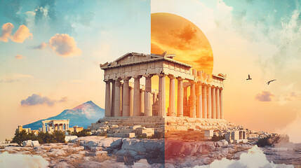 Parthenon Athens Greece double exposure contemporary style minimalist artwork collage illustration Ai generative