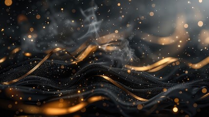 Wall Mural - The picture of vague gold of sparkling particles scattered across a deep black background, create an abstract bokeh effect perfect for designs that aim to evoke a sense of wonder and fantasy. AIG53.