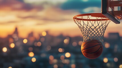 Canvas Print - Basketball Hoop and Ball Against Sunset Cityscape