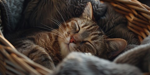 Wall Mural - Close-up of a Cat's Face While Sleeping in a Basket