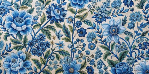 Wall Mural - Blue Floral Pattern on Wood, Floral Design, Vintage Wallpaper, Floral Print