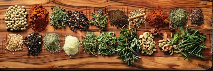 Wall Mural - Herbs and spices displayed on a wooden surface