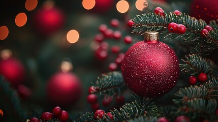 Wall Mural - Beautiful close-up of a red ornament hanging among pine branches and berries during the festive holiday season in December