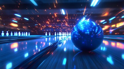 Poster - Neon Bowling Ball and Pins on a Lane with Glowing Lights