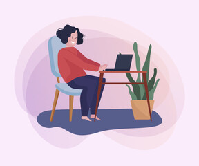 Wall Mural - Woman using laptop and working at home. Freelancer, leisure, remote work flat vector illustration. Wireless internet, freelance, communication concept for banner or website design