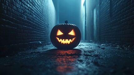 Sticker - A glowing pumpkin with a sinister grin illuminates a shadowy alley, creating an eerie Halloween atmosphere.