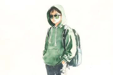 Watercolor Illustration of Young Man in Green Hoodie and Sunglasses