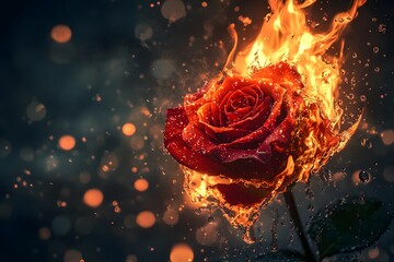 Burning Rose with Water Splashes and Bokeh Background