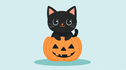 Canvas Print - A sleek black cat perched on a spooky Halloween pumpkin, set against a clean, minimal background. Perfect for fall decor