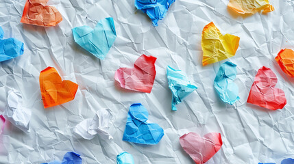 Wall Mural - Crumpled colorful paper hearts in blue, red, and yellow, symbolizing creativity, love, and playfulness, set against a plain background for a vibrant yet simple composition.