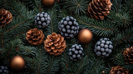 Wall Mural - Decorative evergreen branches adorned with pine cones, ornaments, and berries, creating a festive atmosphere during the holiday season