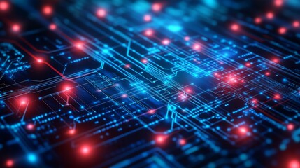 Leinwandbilder - A futuristic circuit board in a vibrant digital illustration, highlighted by glowing blue and red lines and floating particles.