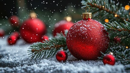 Wall Mural - Festive red ornaments and evergreen branches surrounded by snowflakes during the holiday season