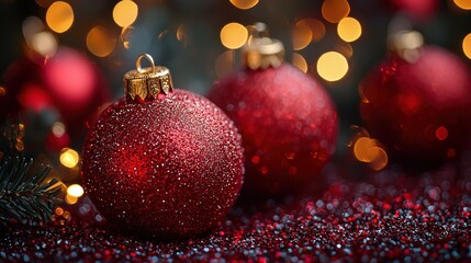 Wall Mural - Glittering red Christmas ornaments displayed on a festive table with sparkling lights in the background during the holiday season