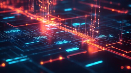 Leinwandbilder - A bright digital representation of a futuristic circuit board with glowing blue and orange lines and scattered floating particles.