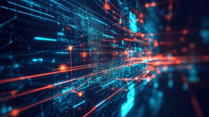 Poster - A visually stunning digital rendition of a futuristic circuit board, glowing with blue and orange lines and dotted by floating particles.