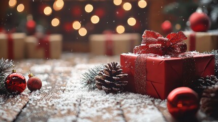 Festively wrapped red gift box with pine cones and ornaments on a snowy wooden table, creating a warm holiday atmosphere