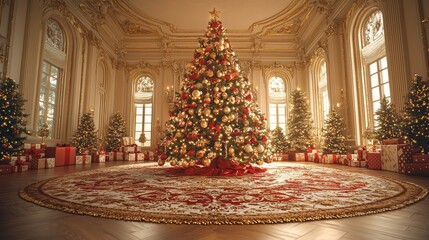 Luxurious holiday interior with a beautifully decorated Christmas tree surrounded by gifts and additional trees in an ornate setting